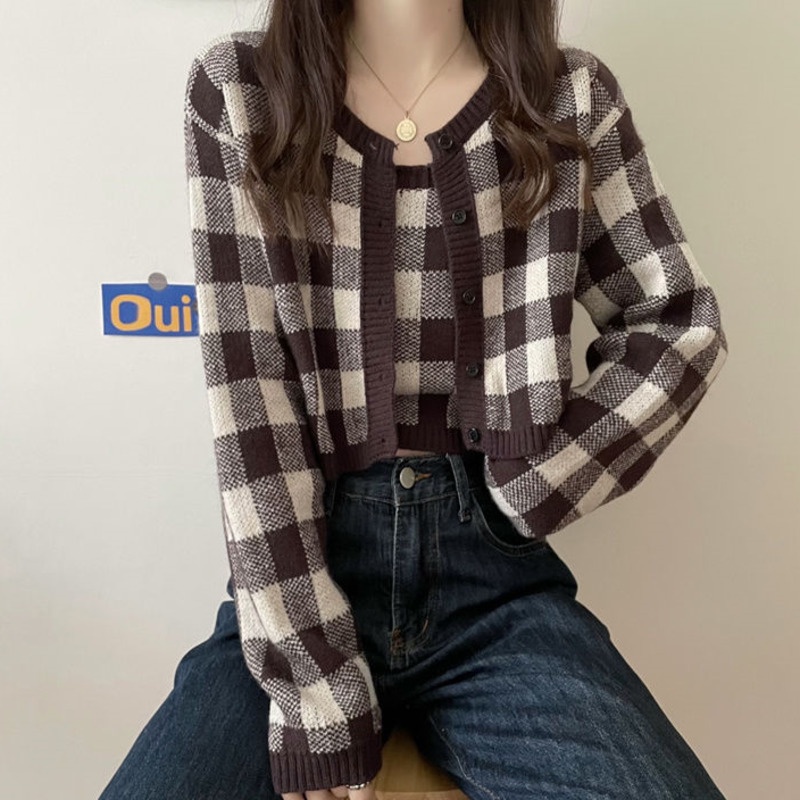 Set Áo Len Tay Dài Sọc Caro + Áo Khoác Ghi Lê Thời Trang Nữ