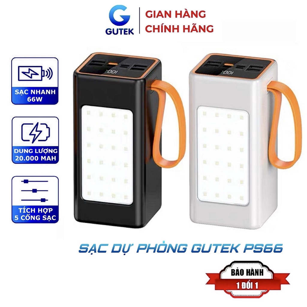 Sạc dự phòng sạc nhanh 66w dung lượng 20000mah nạp pin 5 thiết bị tích hợp đèn led Gutek PS66