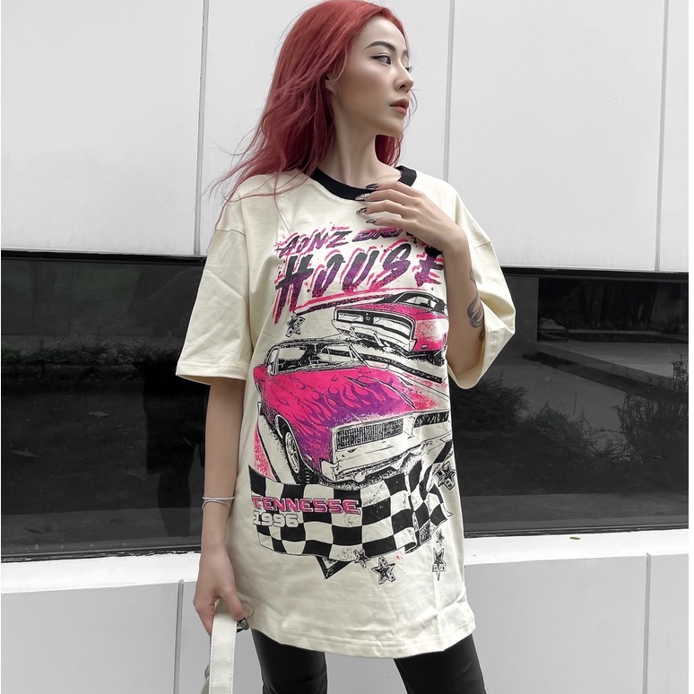 Áo Thun Tay Lỡ Form Rộng Gonz Cotton 4 Chiều Dáng Unisex In Hình HIPHOP - Racing Màu Kem