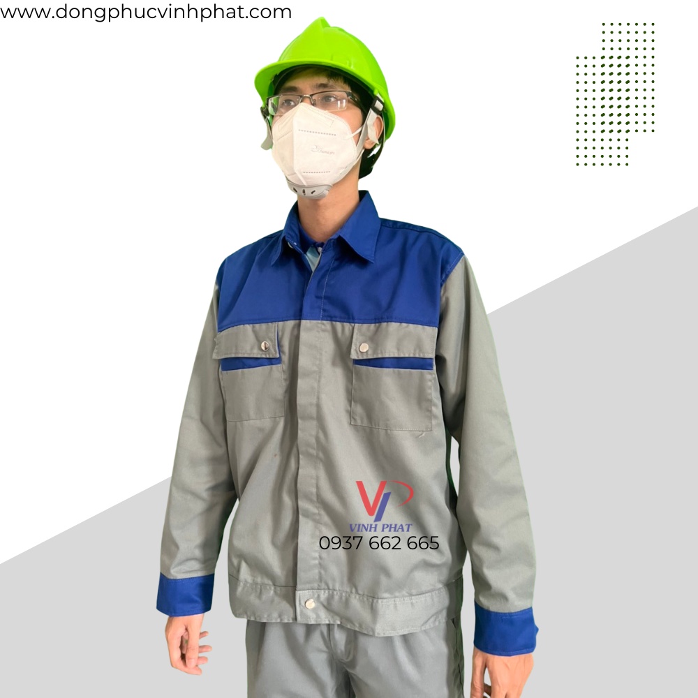 Quần Áo Bảo Hộ Lao Động Màu Xám Túi Hộp Kiểu Phối Xanh Bích Vải Kaki Bền Đẹp Công Nhân Kỹ Sư - Hình thật
