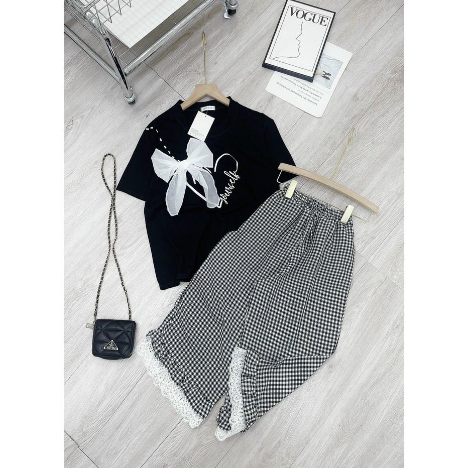SBKN064: Sét Bộ Áo Nơ Quần Caro Phối Ren, Sét Bộ Đi Chơi Bigsize Quỳnh Anh Từ 50kg Đến 100kg (M/L/XL/XXL)