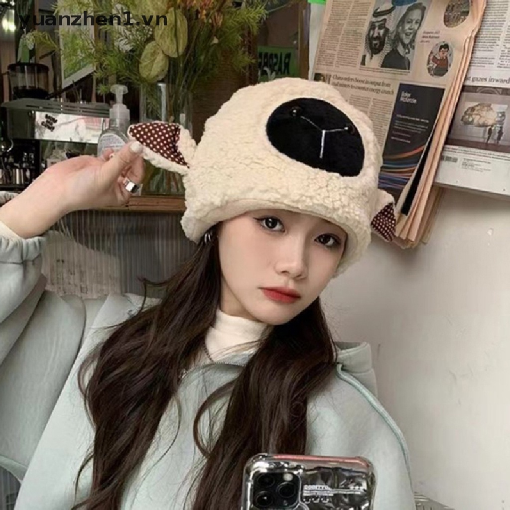 Mũ beanie Lông Cừu Nhân Tạo Giữ Ấm Mùa Đông Kiểu Dáng Hoạt Hình Dễ Thương Dành Cho Nữ