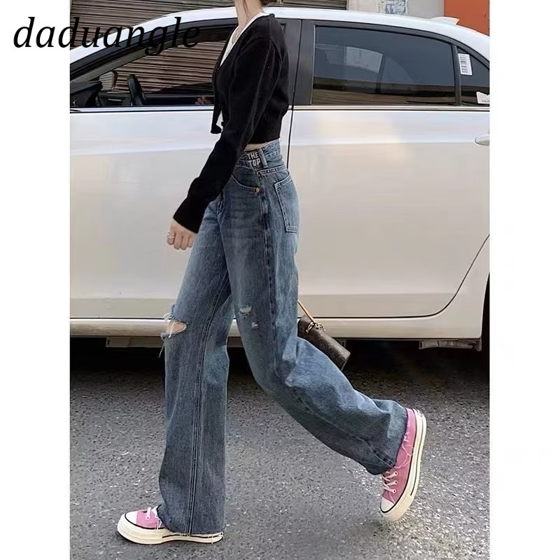 Quần jean Daduhey lưng cao ống rộng phối rách thời trang phong cách Hàn Quốc cho nữ plus size