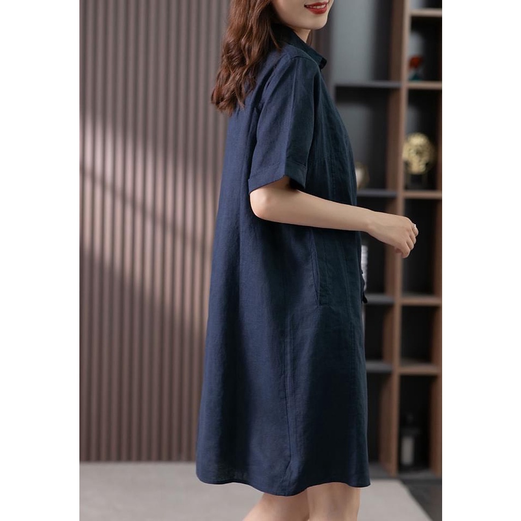 Đầm suông công sở Linen bột Premium cổ đức túi bổ cơi - Xanh than