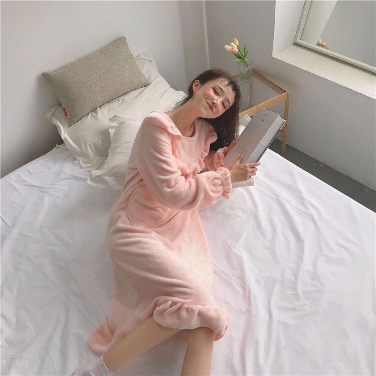Hàng Có Sẵn Đầm Ngủ Dài Vừa Phải Bằng Vải Flannel Phong Cách Hàn Quốc Ngọt Ngào Dễ Thương Giữ Ấm Mùa Thu Đông