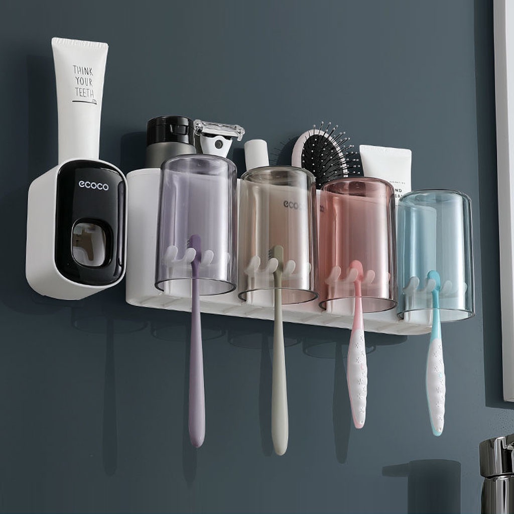 Kệ Để Cốc Và Bàn Chải Kem Đánh Răng ECOCO Dán Tường Không Cần Khoan Đục, Tặng Kèm Cốc Và Miếng Dán, Bộ 4 Cốc