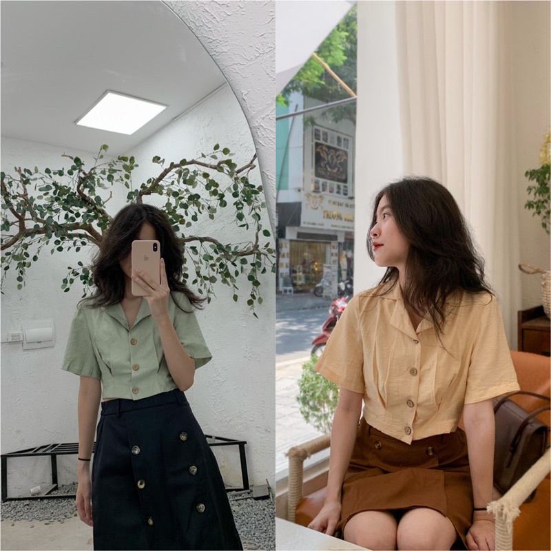 Áo sơmi MƠ form dáng croptop chất đũi lạnh mềm 🍀