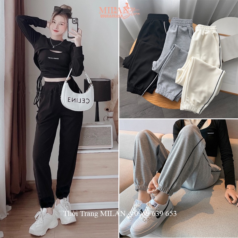 Quần Jogger thể thao bo gấu ống rộng viền kẻ sọc đen trắng cạp chun co giãn dáng quần ống rộng vải tổ ong đi học ở nhà