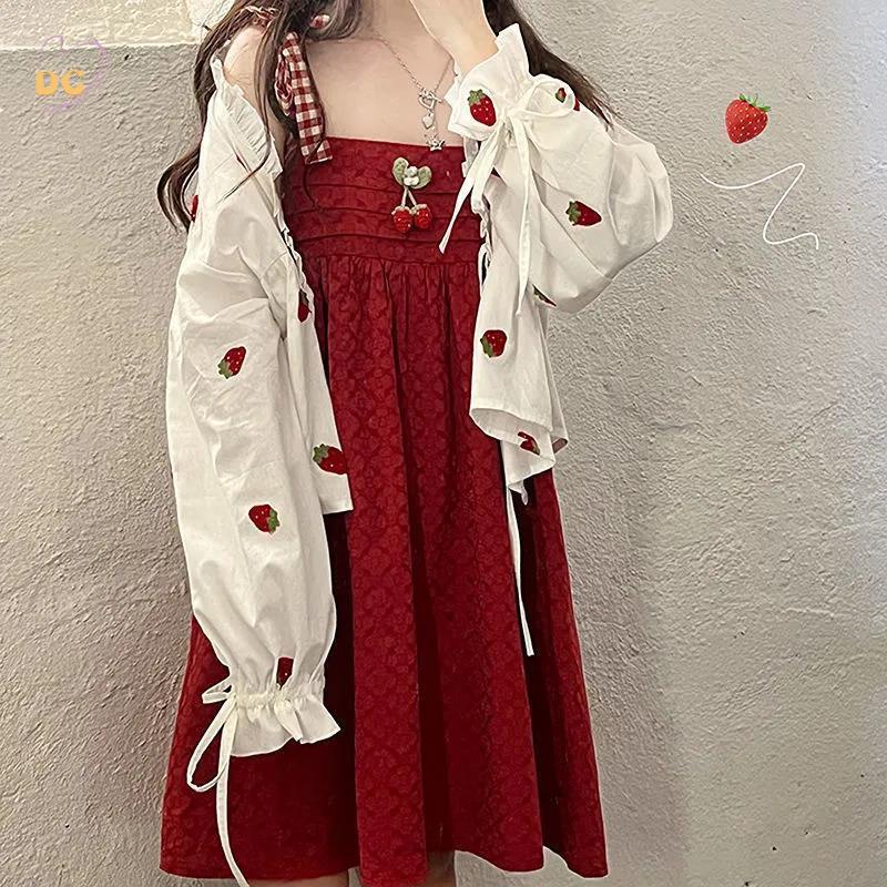 Set Váy Bộ Áo Khoác Cardigan Chống Nắng Tay Phồng Đính Nơ + Đầm Hai Dây Họa Tiết Dâu Tây Dễ Thương Cho Nữ
