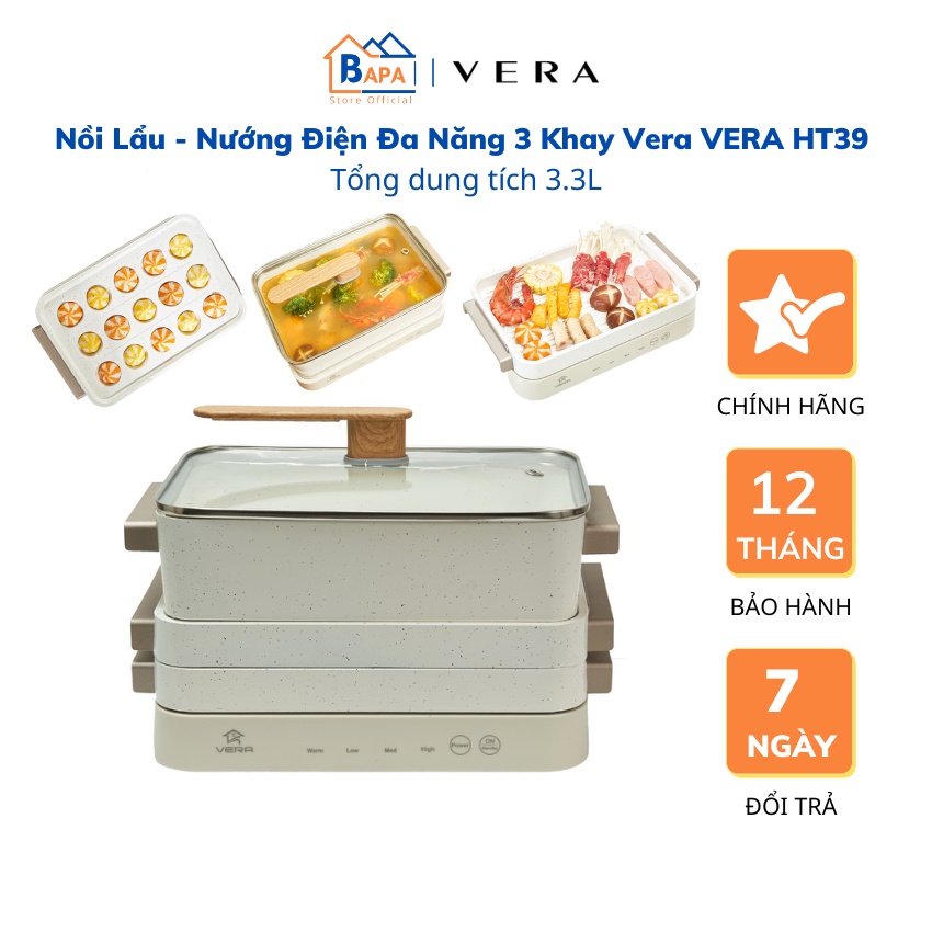 Bếp lẩu nướng đa năng Vera HT39, điều khiển cảm ứng, 3 khay, dung tích 3.3L, đổi trả miễn phí 7 ngày