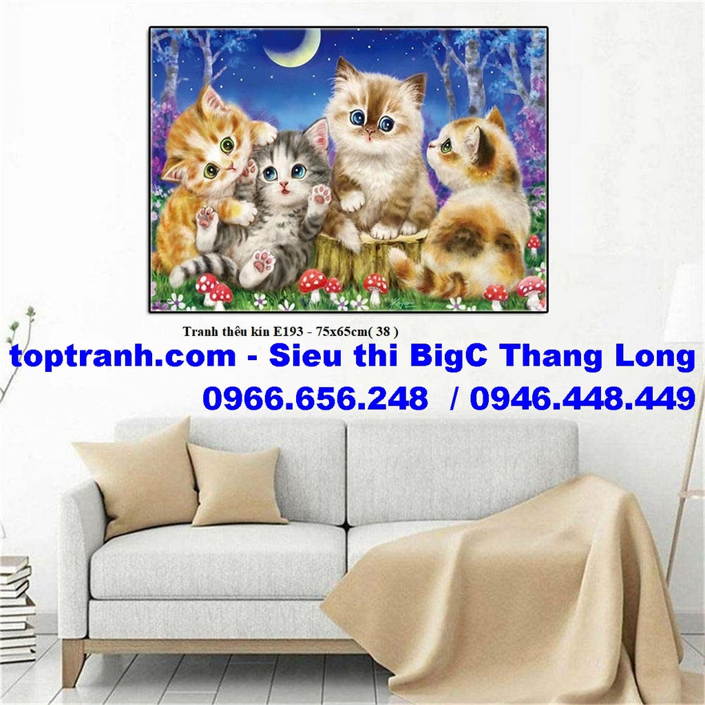 Tranh thêu chữ thập gia đình 4 mèo con đáng yêu E193 chưa thêu