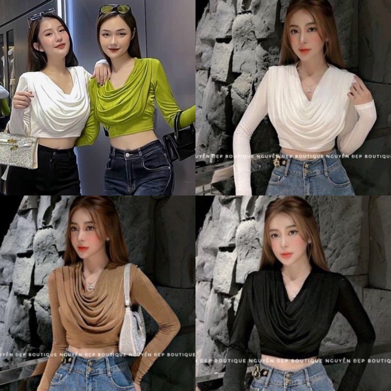 Áo thun nhũ croptop tay dài cổ đổ siêu phẩm