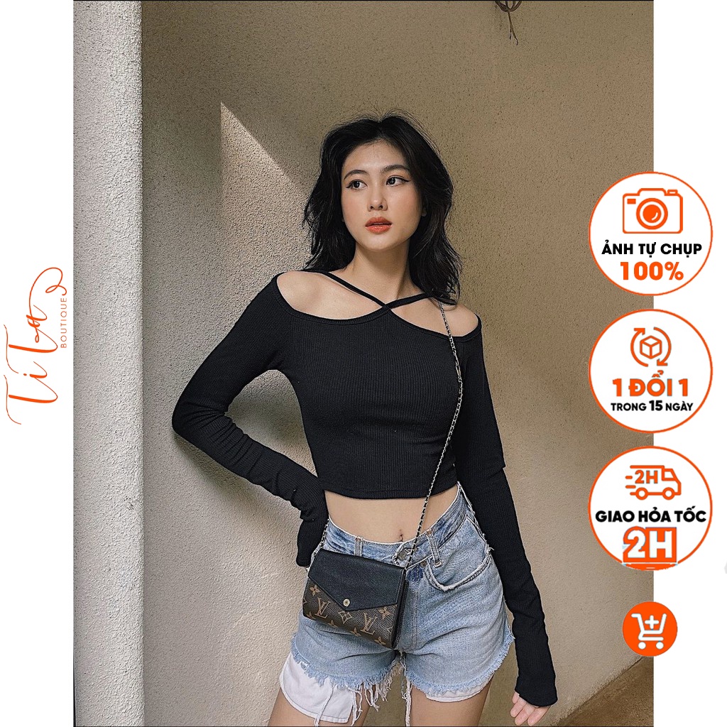 Áo yếm khoét vai tay dài , Áo Croptop Cổ Yếm Khoét Vai Tay Dài Vintage - TiTa Boutique