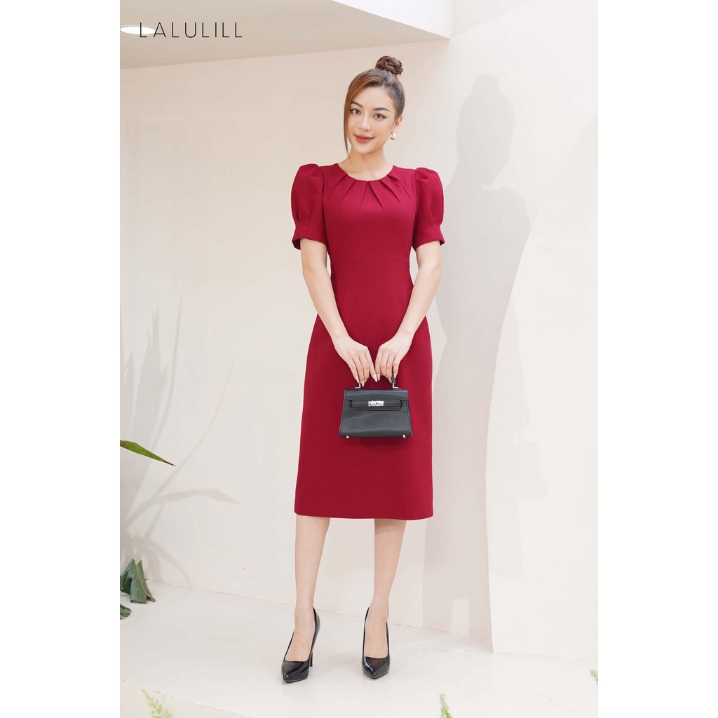 Đầm công sở nữ dáng A đứng Thời trang LALULILL hai lớp cổ xếp ly tay bồng LDL227440