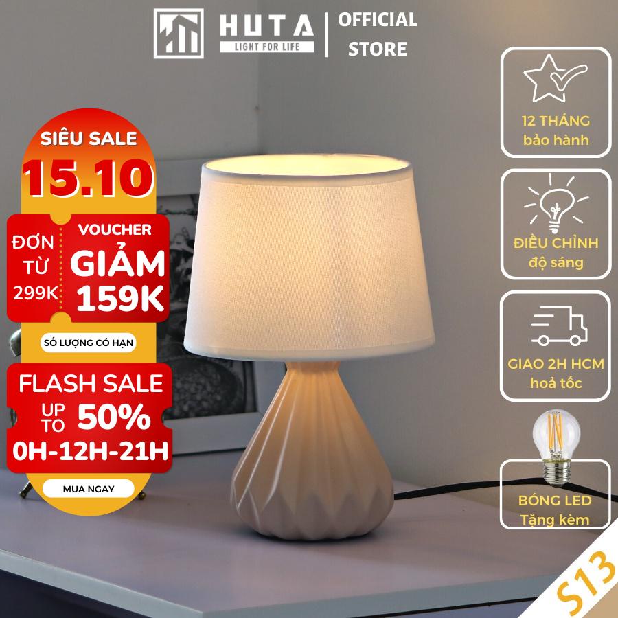 Đèn Ngủ Để Bàn Gốm Sứ HUTA Tăng Giảm Độ Sáng, Led Vàng Ấm, Chao Vải, Decor Trang Trí Phòng Ngủ, Khách Sạn, Homestay S13