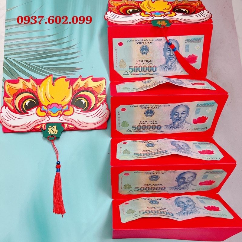 Bao lì xì tết mẫu 2023 thiết kế hình đầu Mèo Sư tử, bao lì xì 6 ngăn xếp lớp sang trọng sáng tạo