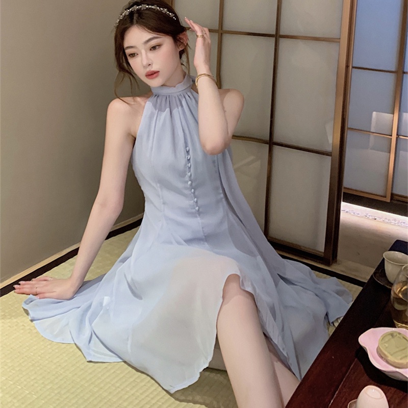 Đầm Hai Dây Mùa Hè Dáng Vừa Vặn Eo Cao Màu Hồng Và Xanh Dương Mát Mẻ Phong Cách Pháp