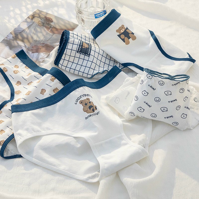 Quần lót nữ cotton họa tiết gấu nâu viền xanh cute dễ thương