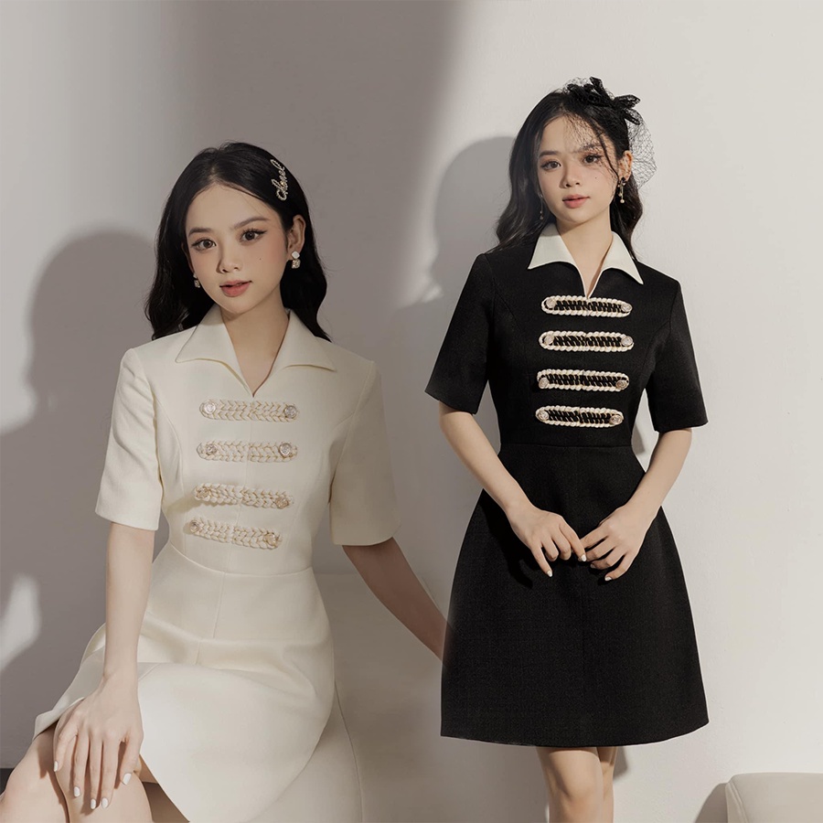 Đầm chữ A đi dự tiệc cưới, thiết kế cổ V, tay ngắn xinh xắn - Suzy