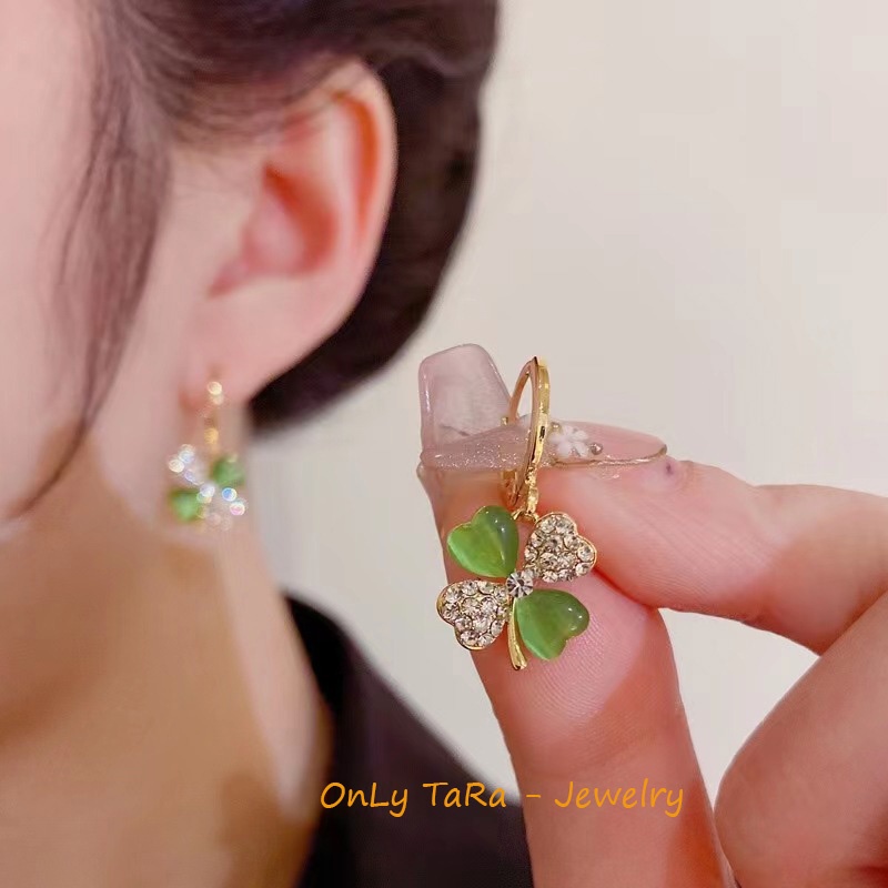Khuyên tai - Bông Tai - S925 - Dáng Dài Cỏ Bốn Lá Đính Đá Opal Phòng Cách Hàn Quốc