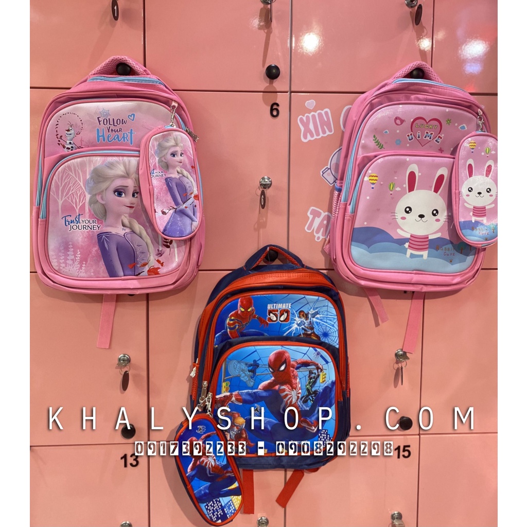 Balo, cặp táp 16" tặng kèm bóp viết in hình ELSA SPIDERMAN THỎ siêu xịn và đáng yêu dành cho bé trai , bé gái đi học