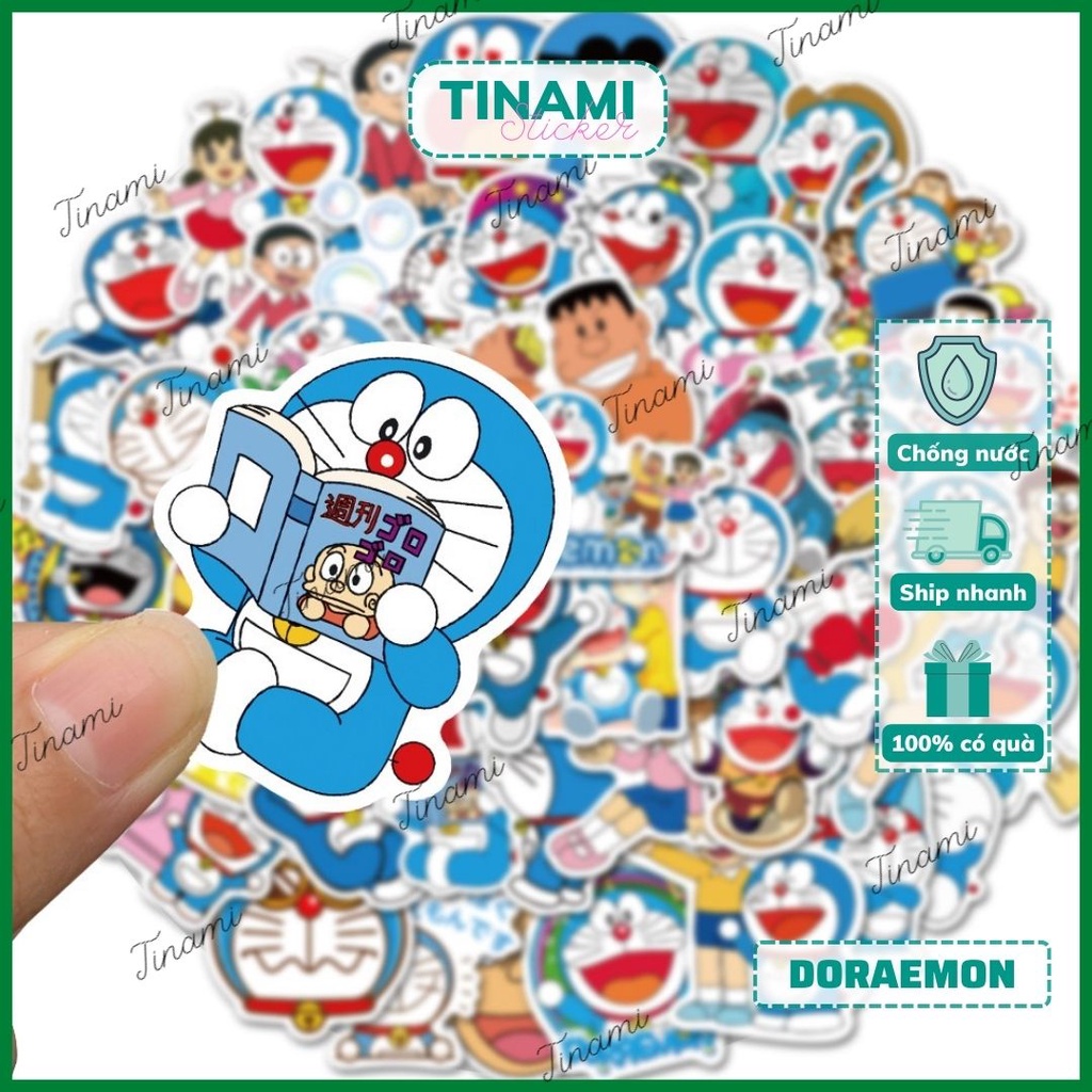 Bộ 50 Sticker chủ đề Doraemon dễ thương hình dán PVC chống nước dùng trang trí decor Tinami Doraemon002