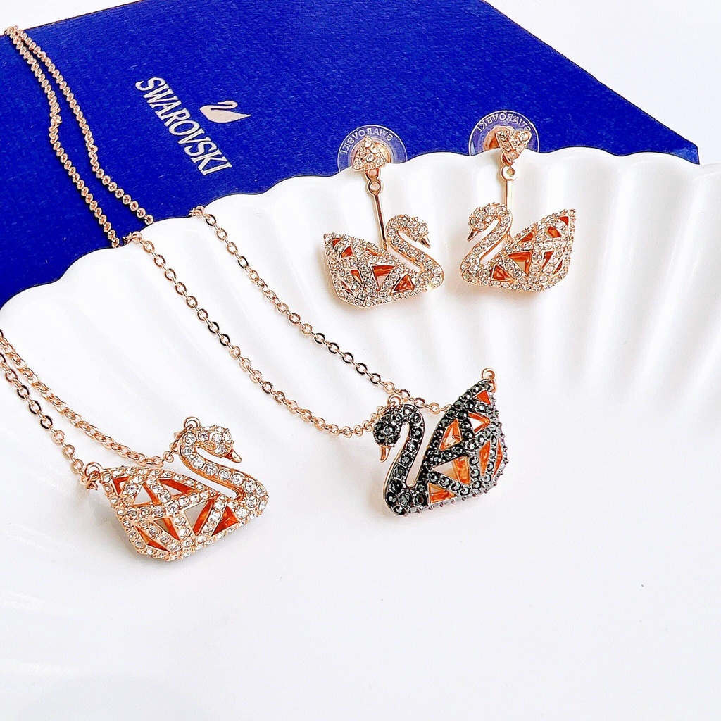 Dây chuyền khuyên tai Swarovski thiên nga facet 2 mặt