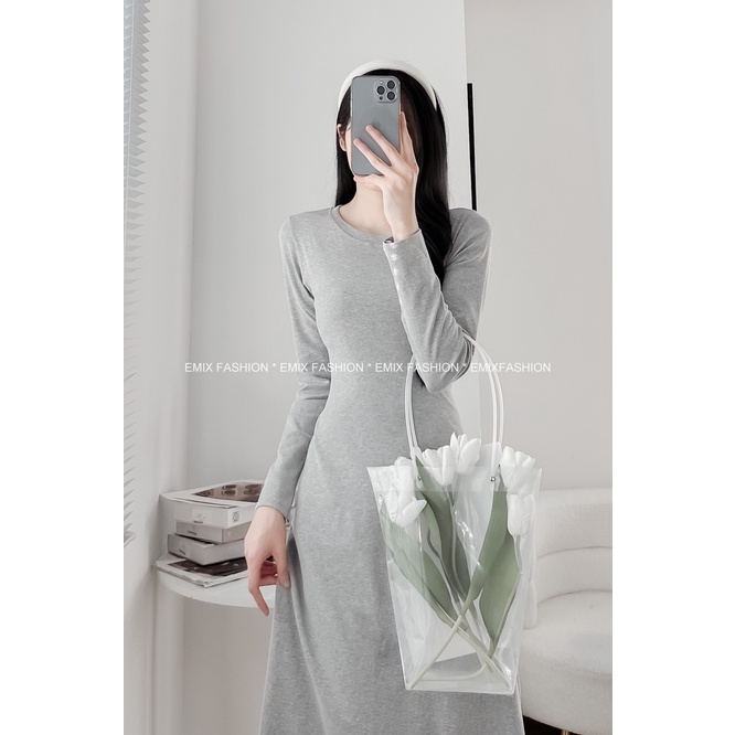 Váy maxi thun xoè EMIX, đầm chữ A dài tay, dáng dài, cổ tròn, freesize dưới 58kg 188