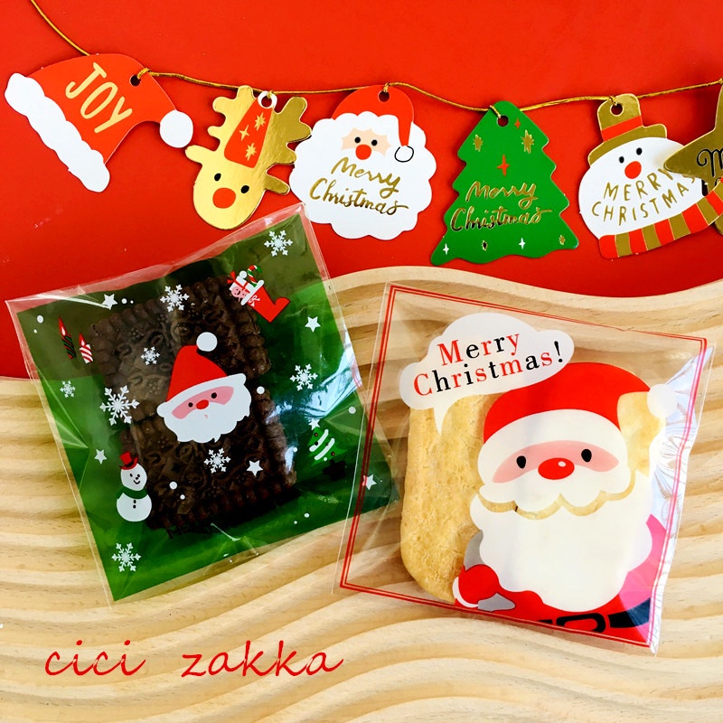 Set 100 Túi OPP Tự Dính In Họa Tiết Hoạt Hình Đựng Bánh Kẹo Giáng Sinh