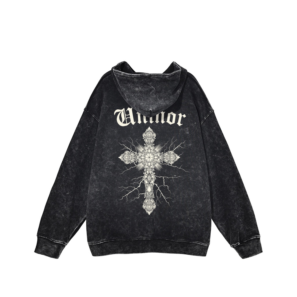 Áo hoodie nỉ wash nam nữ Uninor dáng rộng mũ 2 lớp áo nỉ chân cua 100% cotton dày dặn hình thánh giá