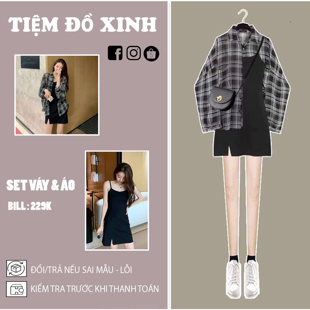 Set váy áo sơ mi, áo nữ tay dài mix váy 2 dây xuông/body xẻ thời trang nữ size lớn đến 72kg phong cách Hàn Quốc