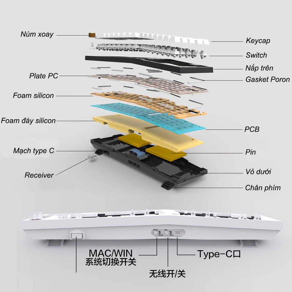 Custom Kit Feker Alice 80, bàn phím cơ hot swap, Bluetooth | Wireless 2.4g | Type C, mạch xuôi, RGB, bàn phím custom