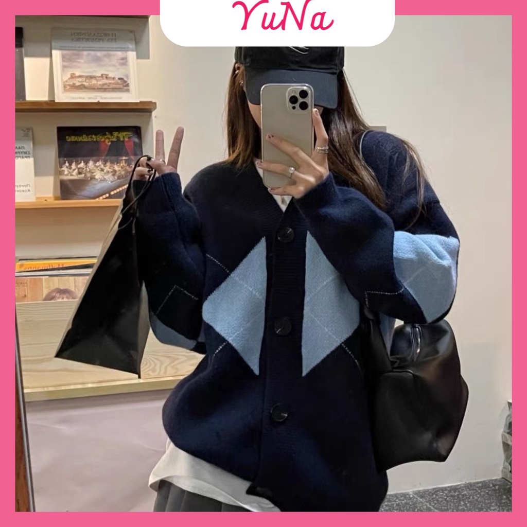 Áo cardigan YUNA khoác ngoài dệt kim tay dài dáng rộng họa tiết kim cương phong cách thời trang Hàn Quốc