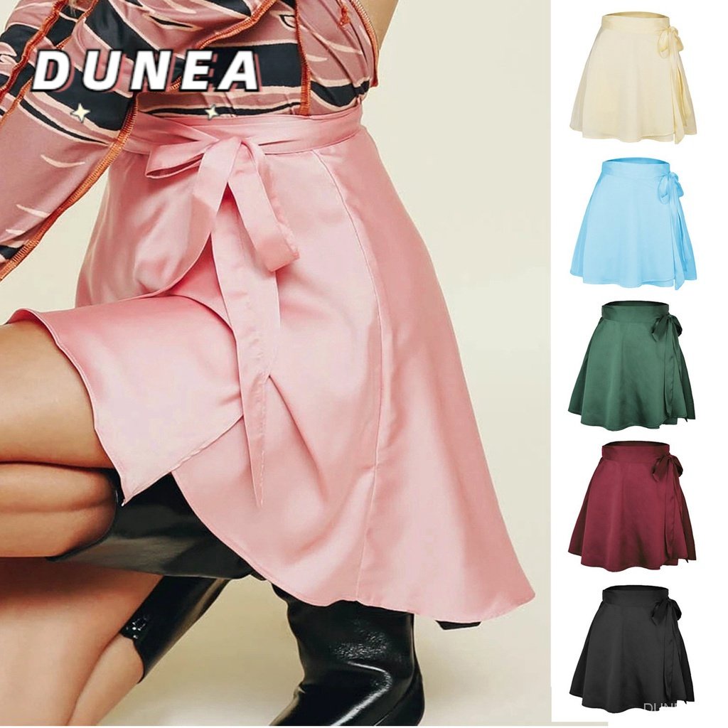 DUNEA Chân váy ngắn chữ A bằng vải satin có dây cột nơ đơn giản dành cho nữ