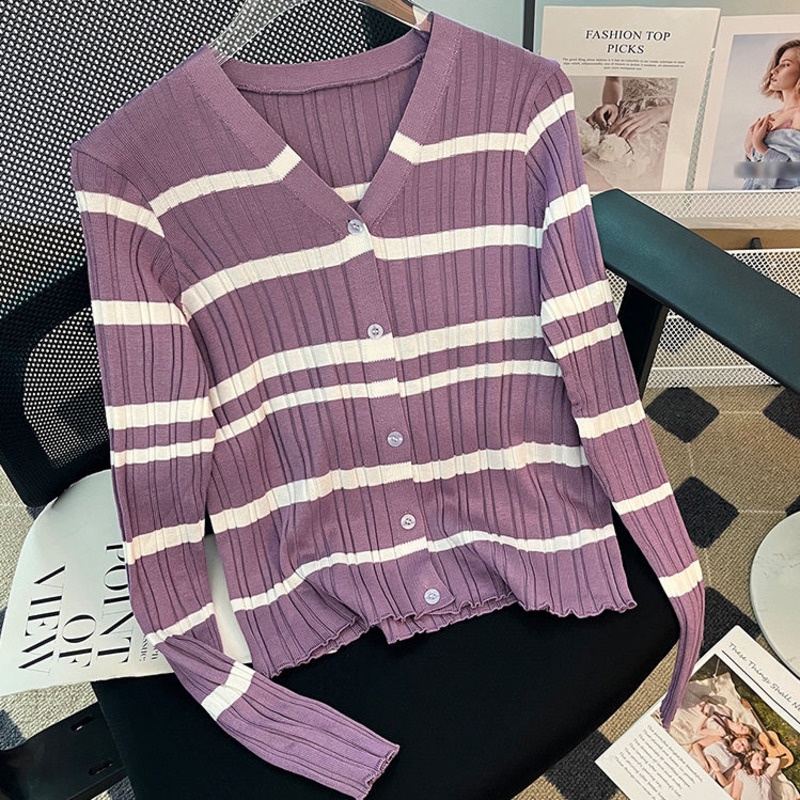 Áo cardigan Dệt Kim Cổ Chữ V Dáng Ôm Hoạ Tiết Kẻ Sọc Thời Trang Mùa Thu Dành Cho Nữ