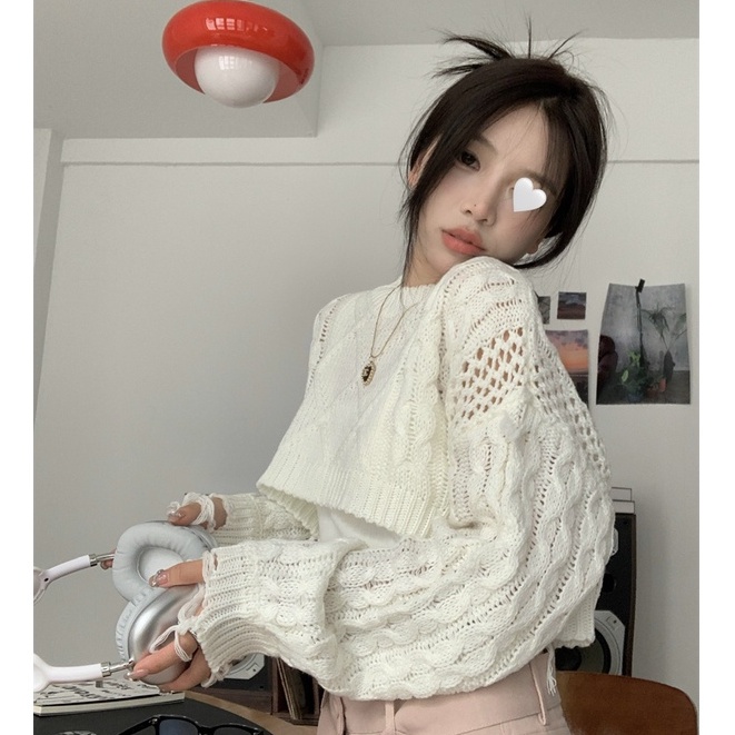 QKOOLE Áo sweater  dệt kim tay dài dáng ngắn phong cách Hàn Quốc thời trang cho nữ