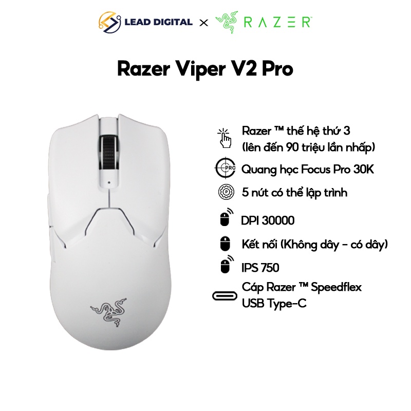 Chuột game Không dây Razer Viper V2 Pro | DPI 30000 | Switch 90 triệu lần nhấn | Cảm biến quang học Focus Pro 30K | 58g