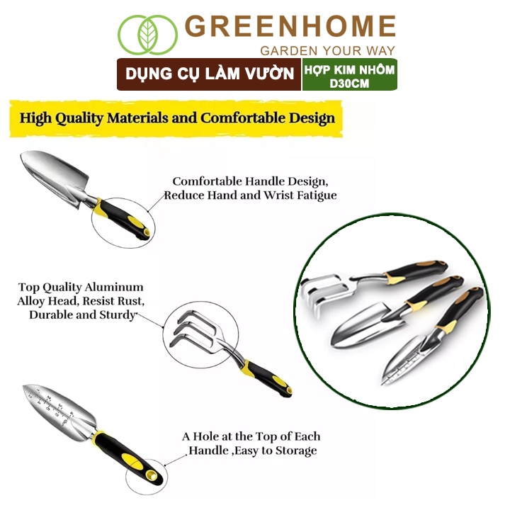 Bộ dụng cụ trồng cây Greenhome, D30cm, hợp kim nhôm, tay cầm cao su chống trượt, gồm xẻng, cào, xẻng chia vạch