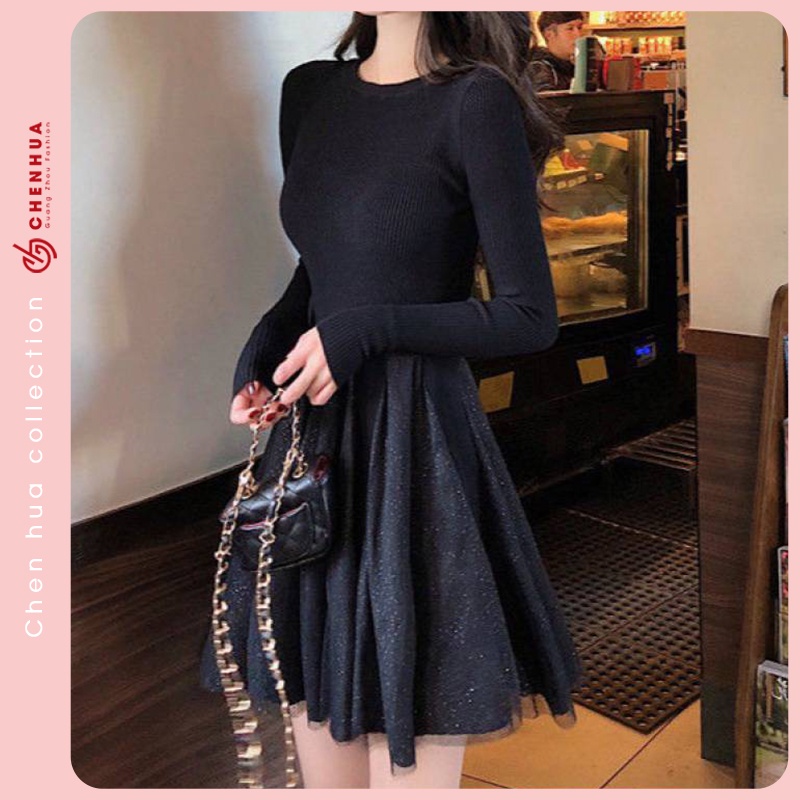 Váy len dài tay ChenHua đầm len nữ dáng ngắn chất len dày dặn đẹp VT13