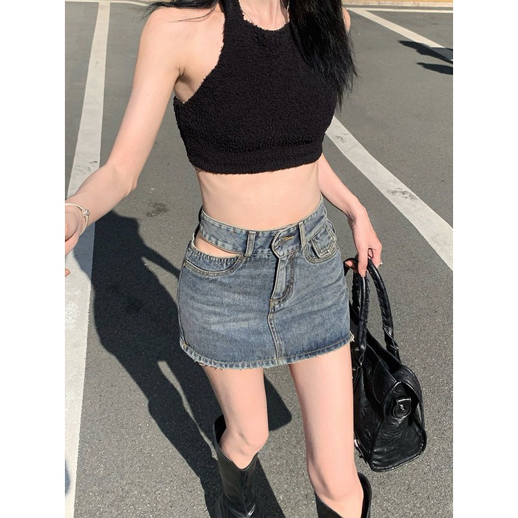 Jiashucheng Chân Váy Denim Mini Lưng Cao Khoét Lỗ Phong Cách Hàn Quốc Thời Trang Mùa Hè Mới Cho Nữ