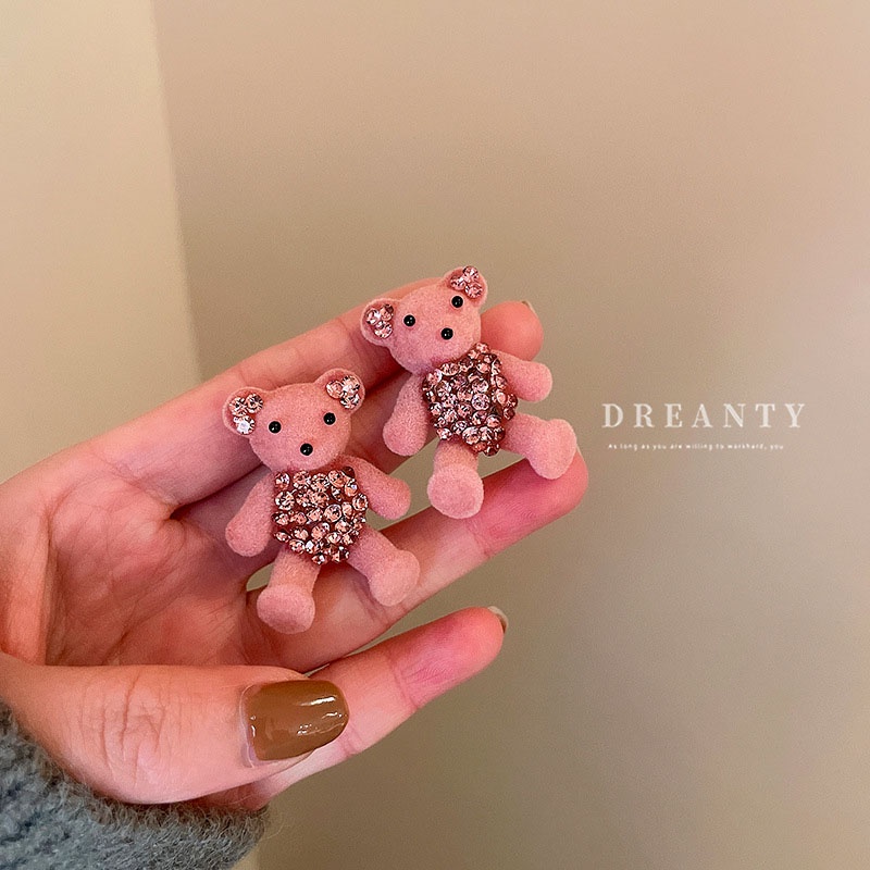 Bông Tai Hình Gấu Đính Kim Cương Màu Hồng Dễ Thương Phong Cách Hàn Quốc Thời Trang Thu Đông