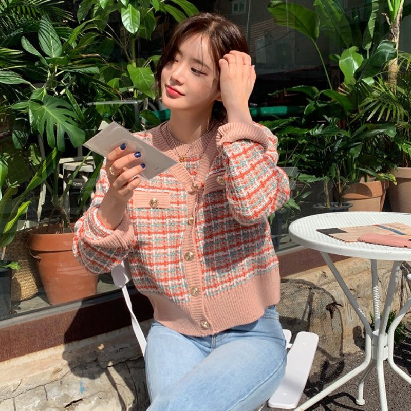 Áo Khoác Dệt Kim Nữ Tay Dài Cổ Chữ v Sọc Caro Thời Trang Hàn Quốc