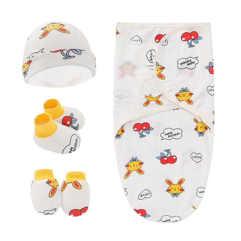 Set 4 Món Gồm Khăn Quấn + Mũ + Găng Tay + Vớ Cotton Cho Bé Sơ Sinh 0-6 Tháng