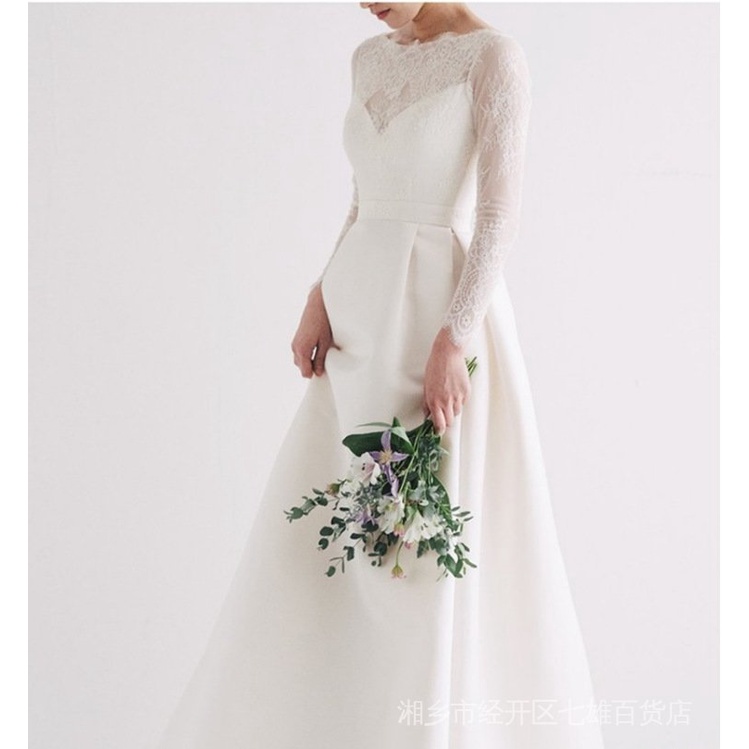 Đầm Cưới Vải Satin Phối Ren Tay Dài Phong Cách Mới 2022