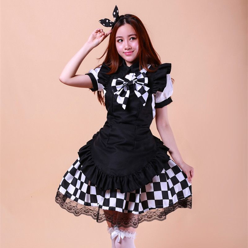 [CÓ SẴN]_Bộ đầm Lolita maid ngắn người hầu kẻ caro đen trắng
