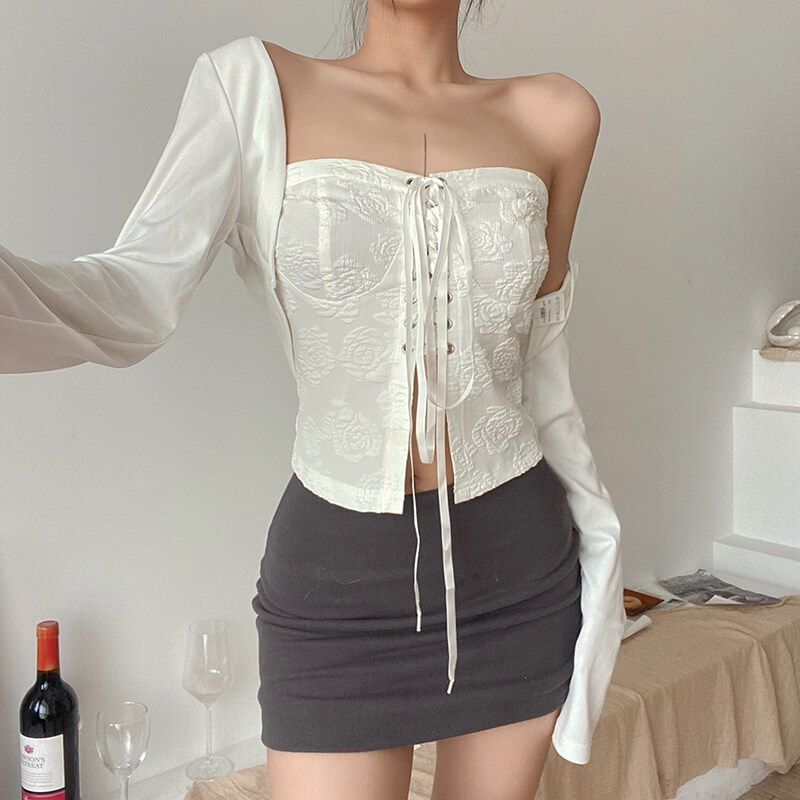 Kliou 2022 Mới vào mùa hè Set Áo Ống Mỏng Không Dây + Áo Khoác Cardigan Dài Tay Phong Cách Pháp Thời Trang Cho Nữ
