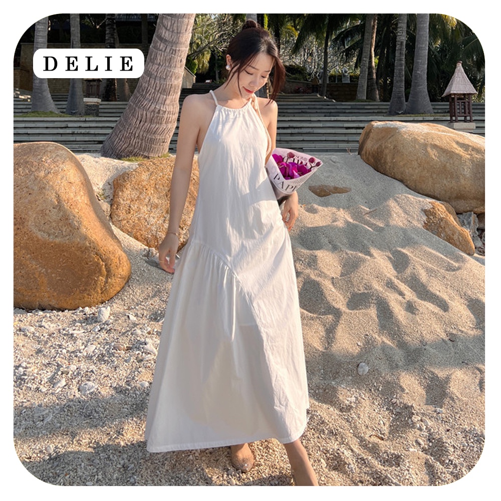 Đầm đi biển DELIE váy maxi trắng hở lưng đan dây quyến rũ dáng xòe dài kiểu pháp VK04
