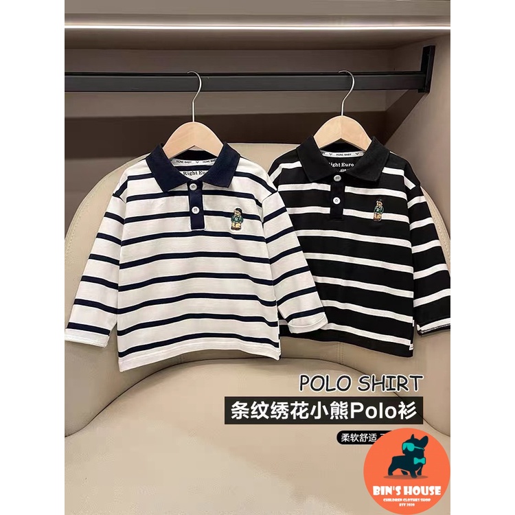 Bán sỉ SET 2 ÁO POLO BÉ TRAI KẺ ĐEN TRẮNG THÊU GẤU R