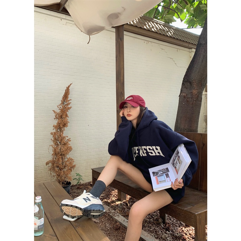 HUANG YOYO Áo Hoodie Tay Dài Dáng Rộng In Chữ Màu Trơn Thời Trang Hàn Quốc Dành Cho Nữ