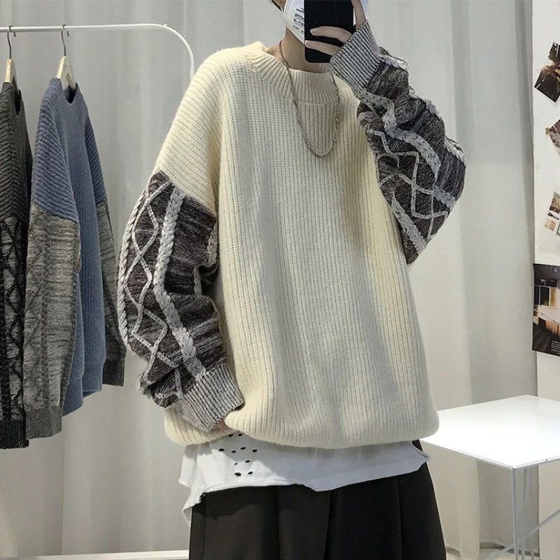 Áo Sweater Cổ Tròn Dáng Rộng Phối Màu Tương Phản Thời Trang Mùa Đông Hàn Quốc Cho Nam